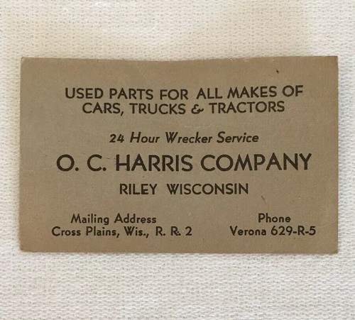 Vintage Risque Business Card O.C. HARRIS CO. Riley, Verona, Cross Plains Wi.