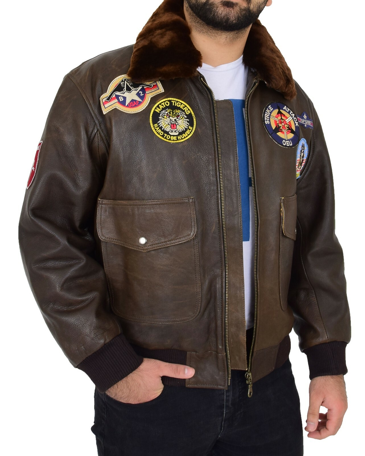Mens Brown Vintage Leather Pilot Jacket Sheepskin Collar Top Gun Badges