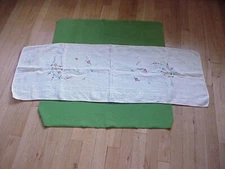 VTG 50s Linen DRESSER SCARF/TABLE RUNNER w/FLORAL Liquid Embroidery Paint 15x38"