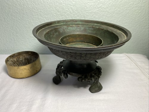 Antique Japanese Bronze Usubata Ikebana Flower Marked Seimin Chu 5" tall x 7.5" - Picture 12 of 24