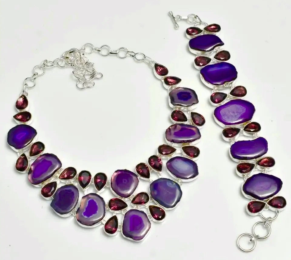 Collar + Pulsera Joyería Púrpura Pasión Solar Ágata Amatista Hecho a Mano 156 GMS Foto 3 de 4