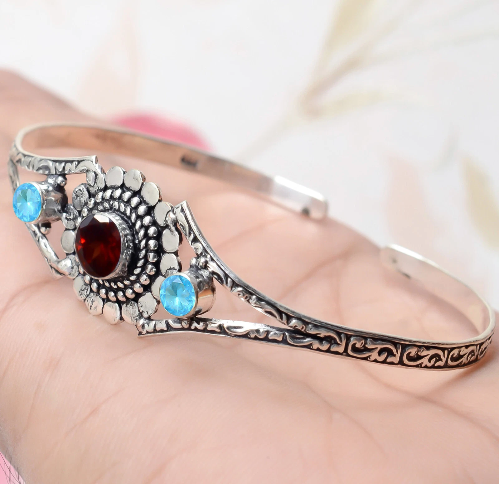 VALENTINO Bracciale Granato Taglio Grande e Pietra Preziosa Topazio Blu Argento Sterling 925 Regalo Bambina