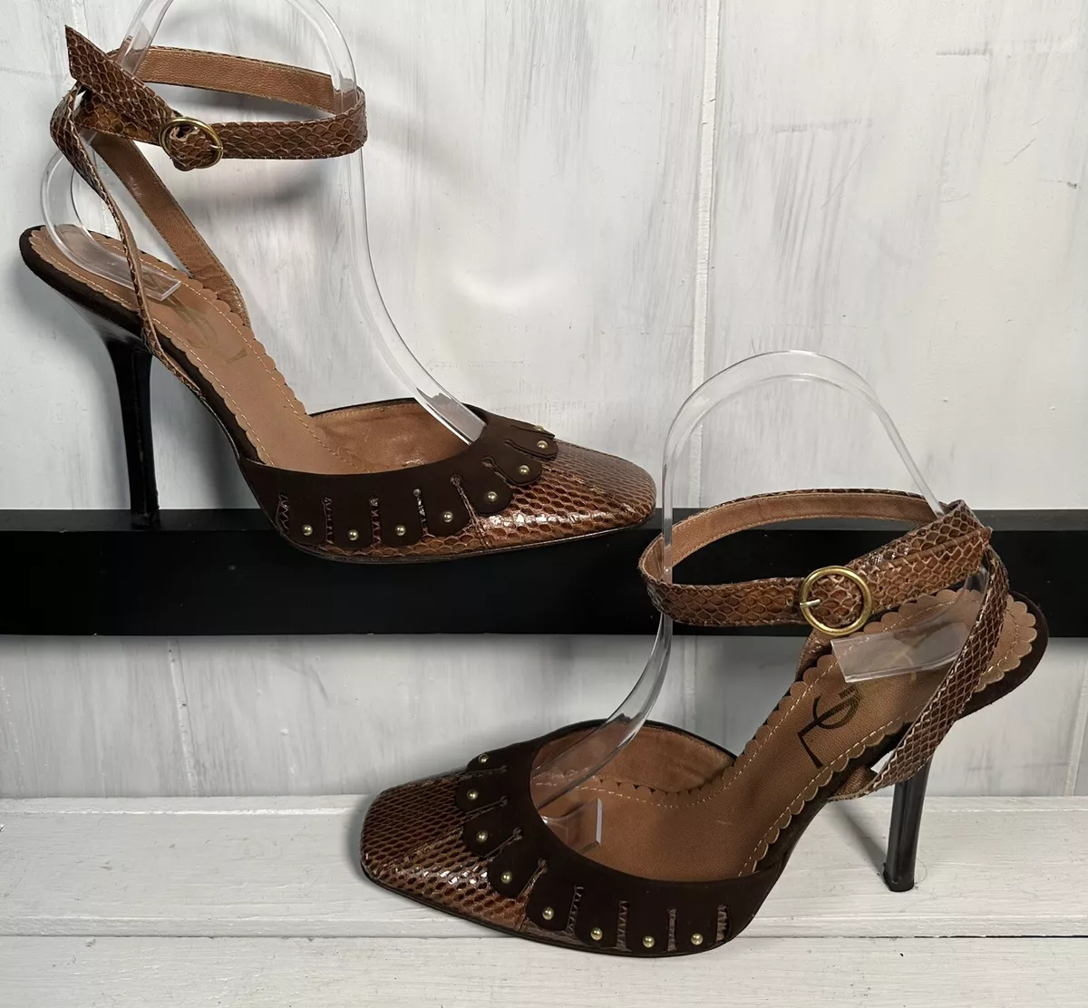Retro Saint Laurent YSL Python Studded Leather Ankle Strap Heels