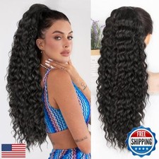 ALXNAN Wavy Curly Ponytail Extension, 26 Inch Black Brown Drawstring Ponytail