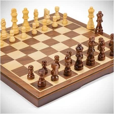 Handmade Walnut Chess Set 15in Folding Board with Extra Queens Storage Bags