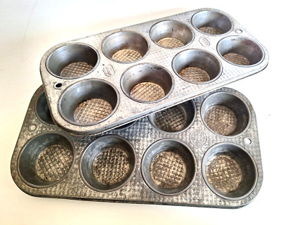 Vintage Ekco Ovenex Muffin Cupcake Pans  (2)   X80   USA  Waffle Pattern  Tin