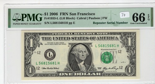$1 2006 FRN Fr# 1933-L LH Block PMG UNC 66 EPQ San Francisco Repeater Serial