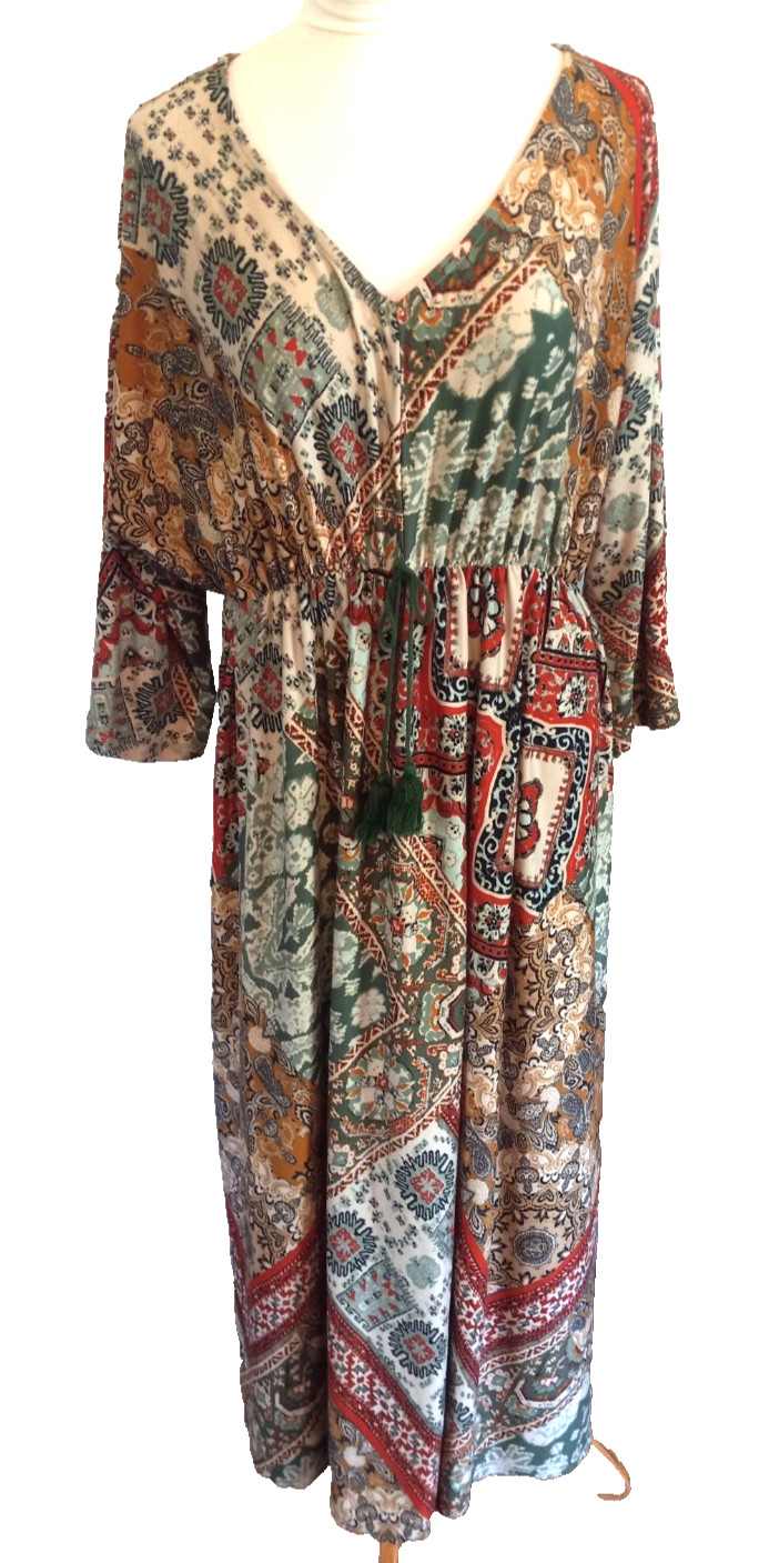 ONE WORLD Multicolor Patchwork Print V-Neck Stret… - image 1