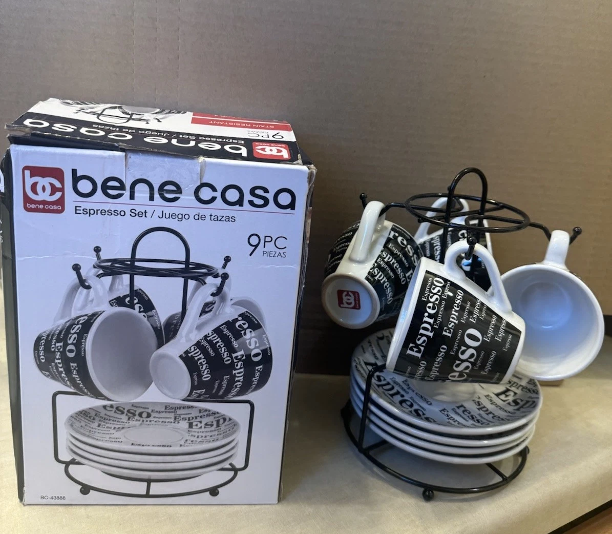 New Bene Casa Porcelain 9 Piece Espresso Set with Metal Rack/Stand