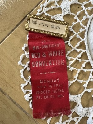 Vintage 1941 Ribbon Pin Back Mid Continent Red & White Convention St Louis MO