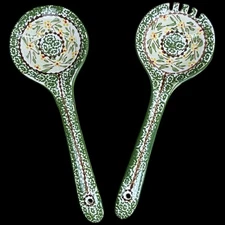 Temptations Old World Green Salad Server Utensil Set 10" Floral Pattern 2 Pc