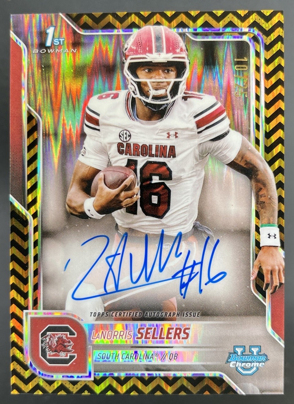 2025 Bowman Chrome U LaNorris Sellers 1st Black Gold Stealth Auto /25 ON-CARD SC