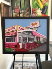 Pink’s Hot Dogs Beverly Hills Painting 11 X 14” Framed NOT A PRINT, Hand Painted