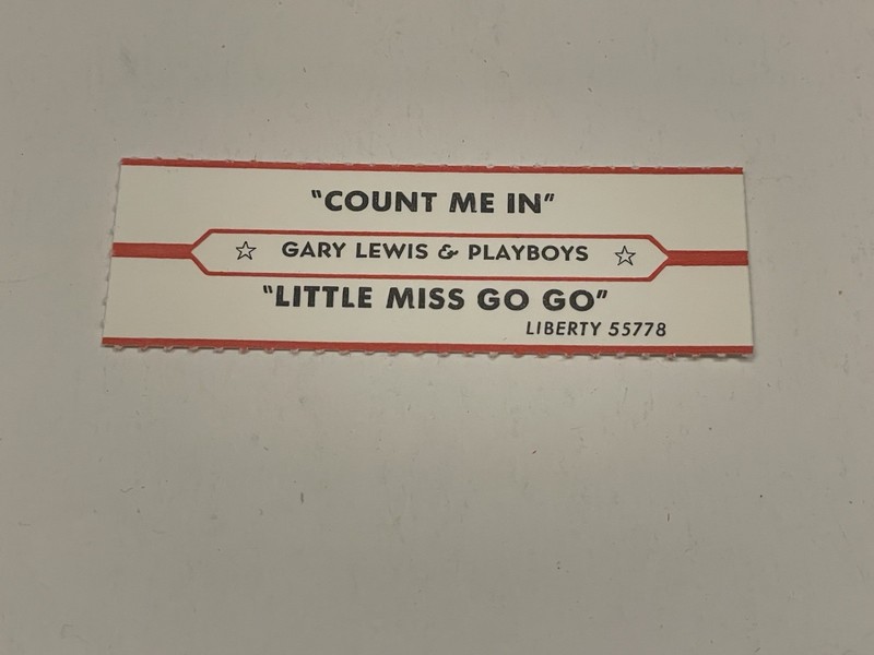 Jukebox Title Strip Gary Lewis & The Playboys Count Me In Little Miss Go Go