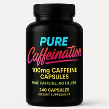 Pure Caffeination Pharma Grade Caffeine 100mg Pills, 240 Capsules, 240 Servings