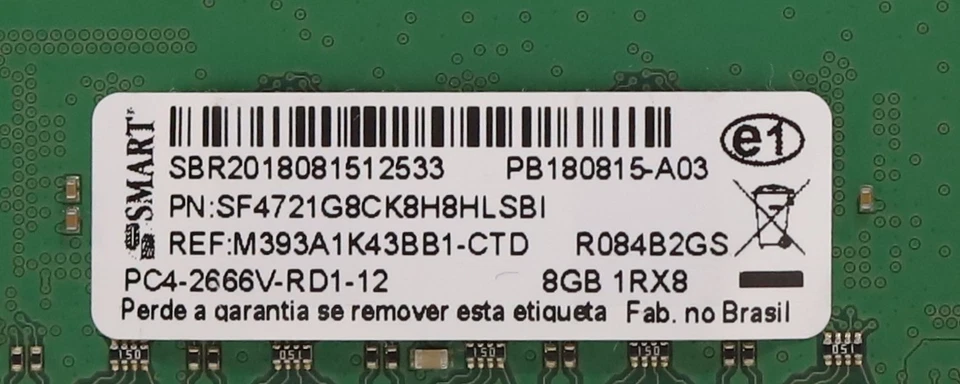 Smart 8GB 1Rx8 PC4-2666V-RD1-12 ECC REG Server Memory P/N: SF4721G8CK8H8HLSBI - Image 2 of 2