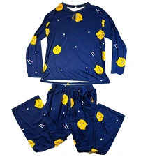 Kakao Friends Pajama Set Unisex Size Free Blue Button Down Shirt Pants Stretch