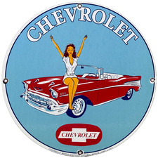 Vintage Chevrolet Pin Up Porcelain Sign General Motors Dealership Gas Oil Ford
