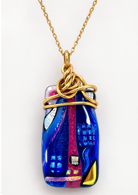 Handmade Fused Glass Pendant Necklace Blue Pink Gold Wire Wrap Artisan Jewelry