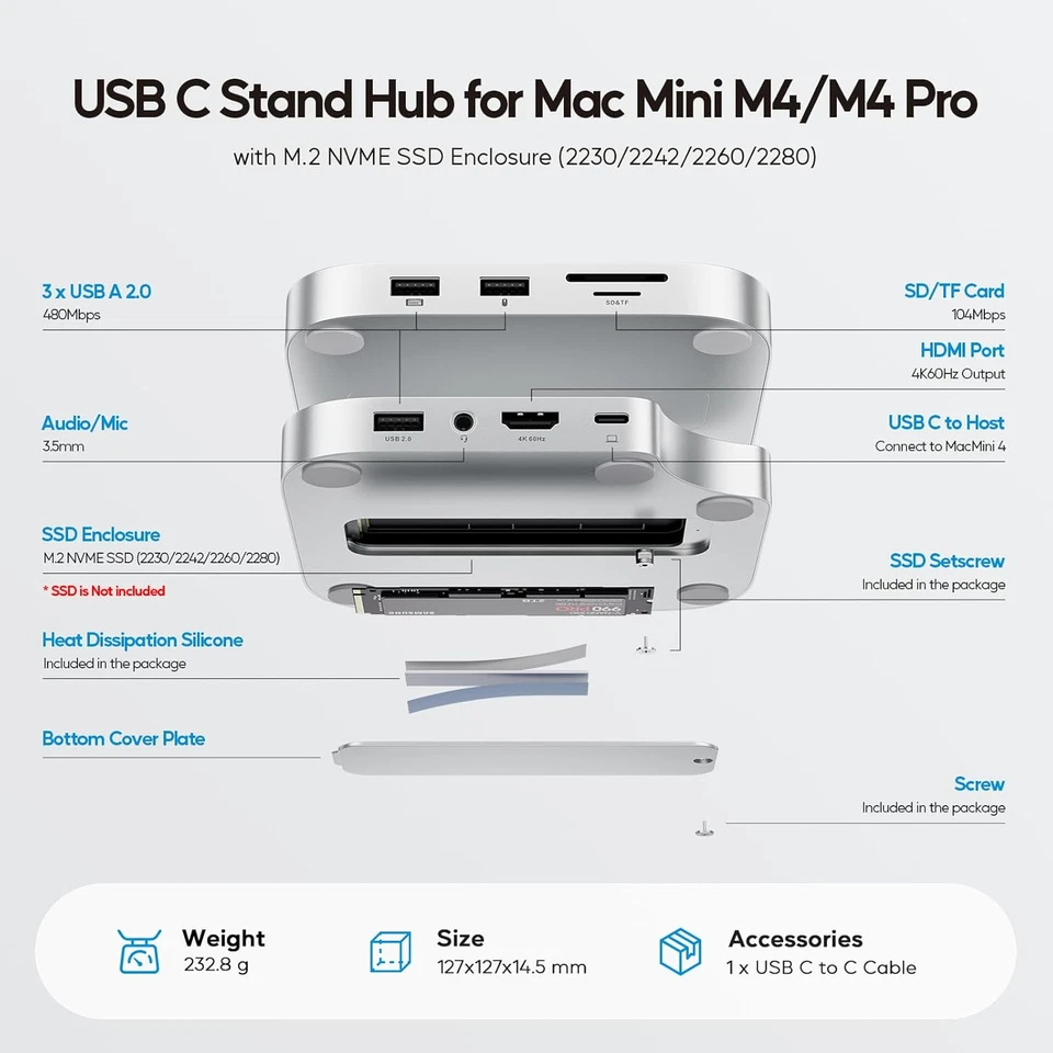 USB-C Dock Hub Dockingstation Ständer HDMI Ssd-Erweiterung Für Mac Mini M4 Pro - Bild 4 von 4