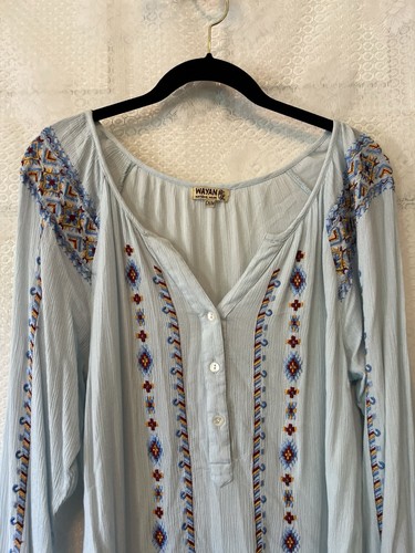 Wayan Natural Wear Pale Blue Embroidered Pullover Top M - Picture 2 of 8