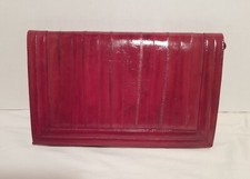 Vintage Burgundy Eel Skin Leather Clutch Purse With Shoulder Strap Suede Lining