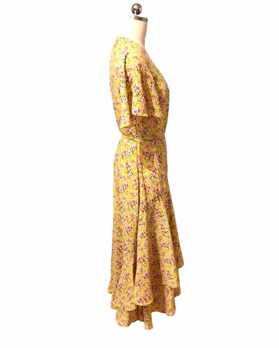 Roller Rabbit Yellow Floral Flutter Wrap Dress NWT Midi Ruffle Cottagecore Sz XS - Picture 3 of 11