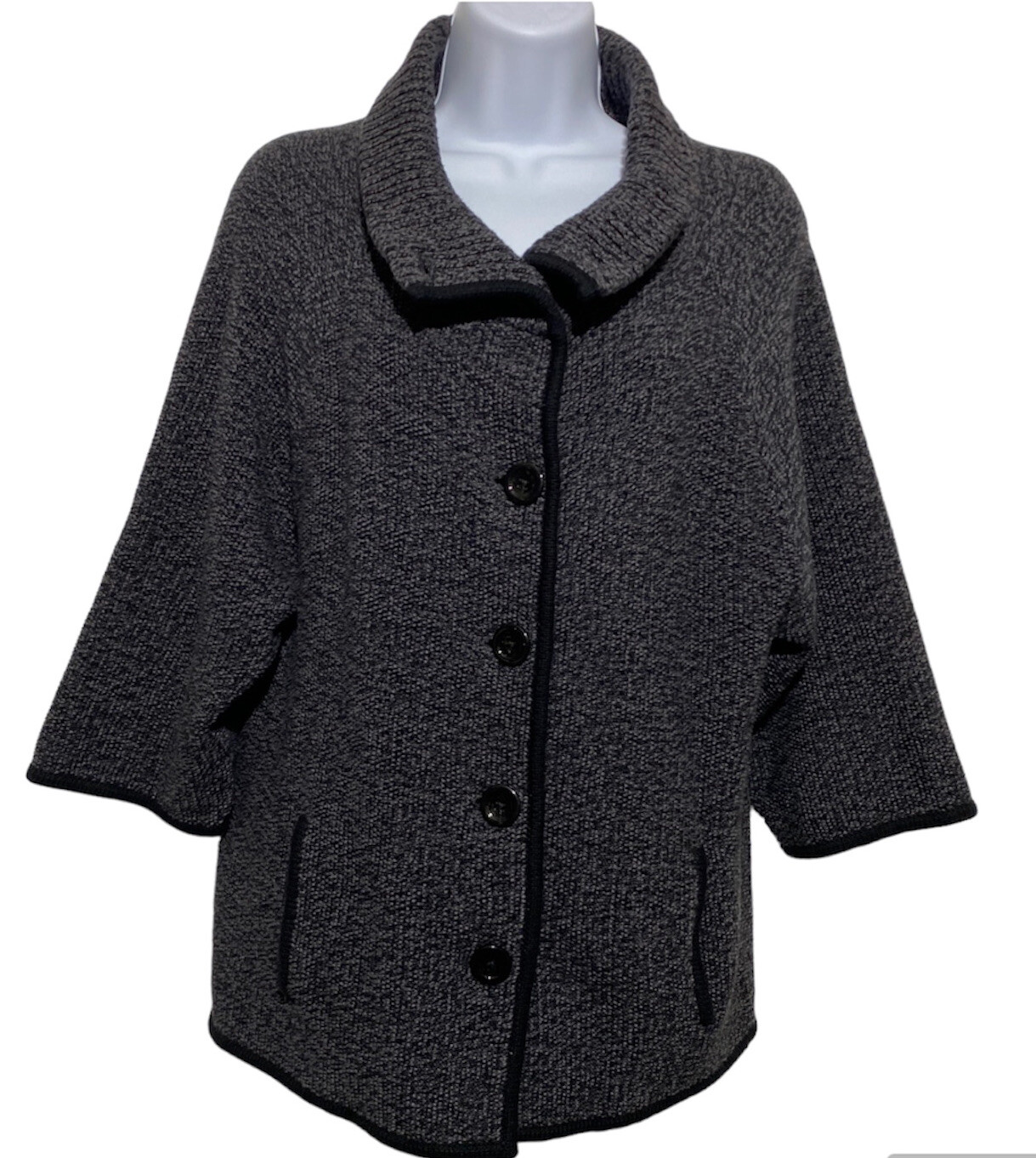Talbots Cardigan Women Size L Black Gray Tweed Shawl Collar Button Up 3/4 Sleeve