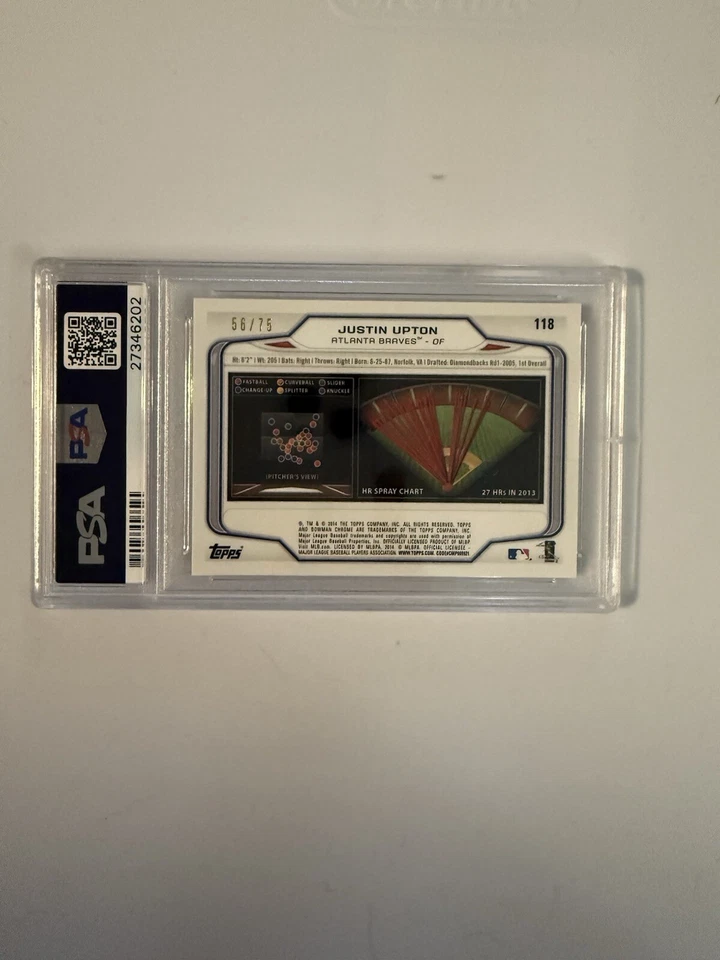 Bowman Chrome Juston Upton #118 Green Refractor 2014/75 PSA 10 Braves Mariners Foto 3 de 4
