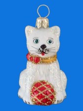 WHITE CAT KITTEN W/ YARN BALL EUROPEAN BLOWN GLASS CHRISTMAS ORNAMENT KATZE