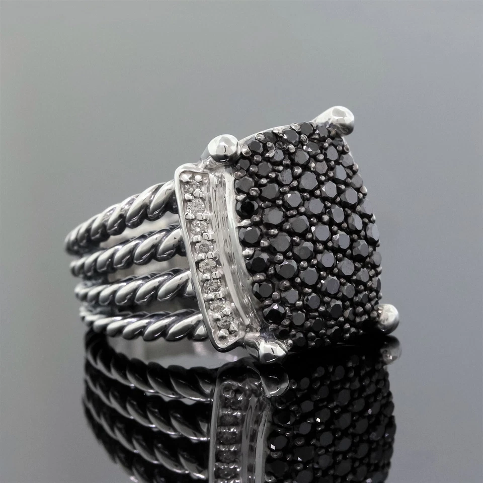 David Yurman White & Black Diamond Pave 925 Silver 16x12 Wheaton Ring Size 6 - Image 3 of 4