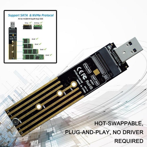 NVMe to USB Adapter, M.2 SSD to USB 3.1 Type A Card, Based Hard PCIe UK Key R6T9 - Photo 3/12