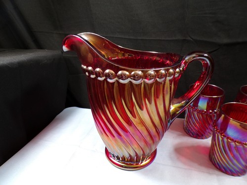 Westmoreland Red Carnival Glass Ball & Swirl Water Set - Pitcher & 6 Tumblers #4 - Picture 2 of 14