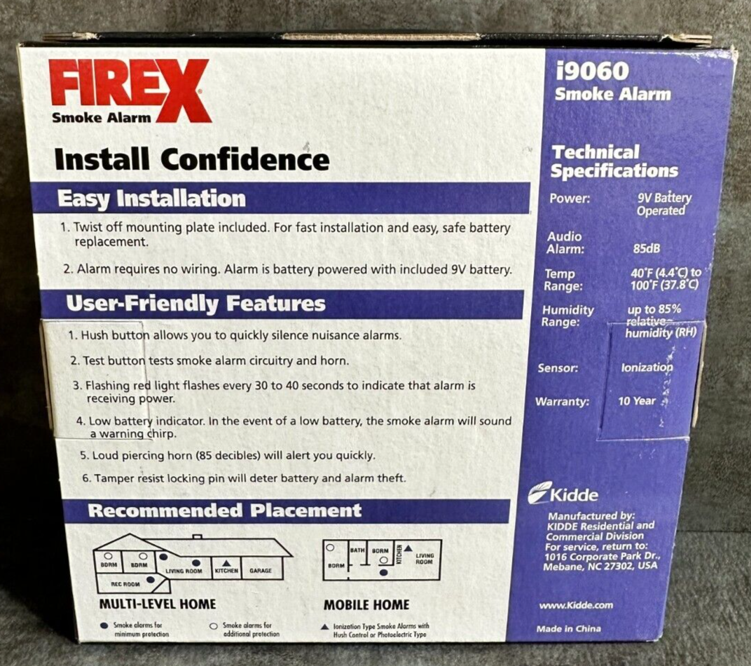 Firex i9060 (0916E) Smoke Alarm with Hush Button, 9 volt new