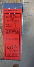 NEW YORK CITY: RITZ TAVERN (1934-43 MIDGET MATCHBOOK MATCHCOVER) -F18