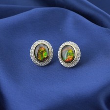 Ammolite Gemstone Oval Stud Earrings Sterling Silver 925 Gold Plated Jewelry