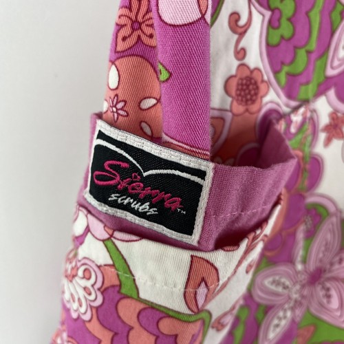 Womens Scrub Top Sierra Scrubs Pink Red Floral Pattern Size Small Tie Back - Picture 3 of 8