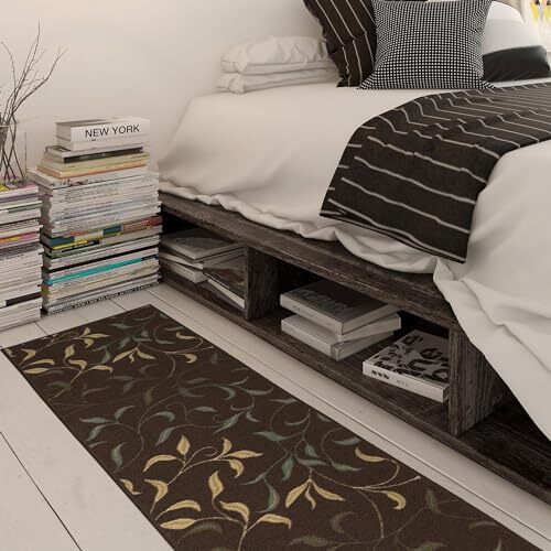 Machine Washable Leaves Design Non-Slip Rubberback 3x10 Traditional Runner Rug - Picture 4 of 12