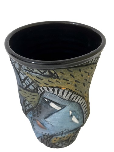 DAVID STABLEY Vaso in Ceramica Stile Raku Firmato 93’ Volti Uomo e Donna Art Déco - Foto 6 di 7