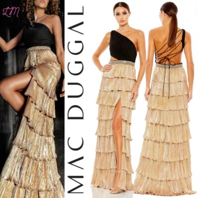 Mac Duggal 26742 Metallic One Shoulder Ruffle Tiered Gown Size 0 Gold Black  | eBay