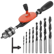3/8 inch Manual Hand Crank Drill with 8Pcs Drill Bit Set Double Pinions