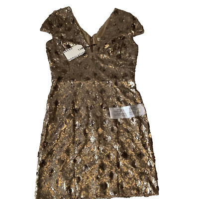 Dress The Population Bree Mini Dress Womens Size L Brass Sequin Bodycon Lined