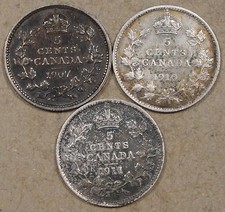 Canada 1907,10,+11 5 Cents Silver Better Grade As Pictured 07 has a lamination f