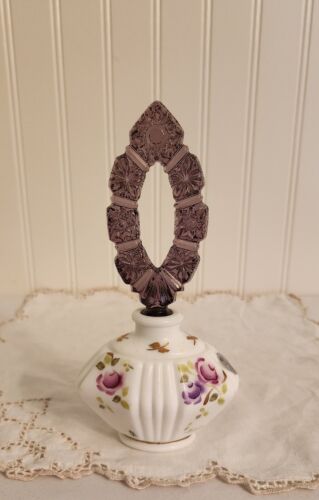 Fenton Charleton Collection Hand Painted Perfume Bottle w/ Purple Finial Stopper - Picture 1 of 11