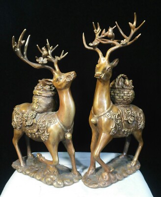 Paire de statues animaux cerf tacheté collections oiseau Yuanbao oiseau Sika 12,6'' ancienne dynastie bronze doré