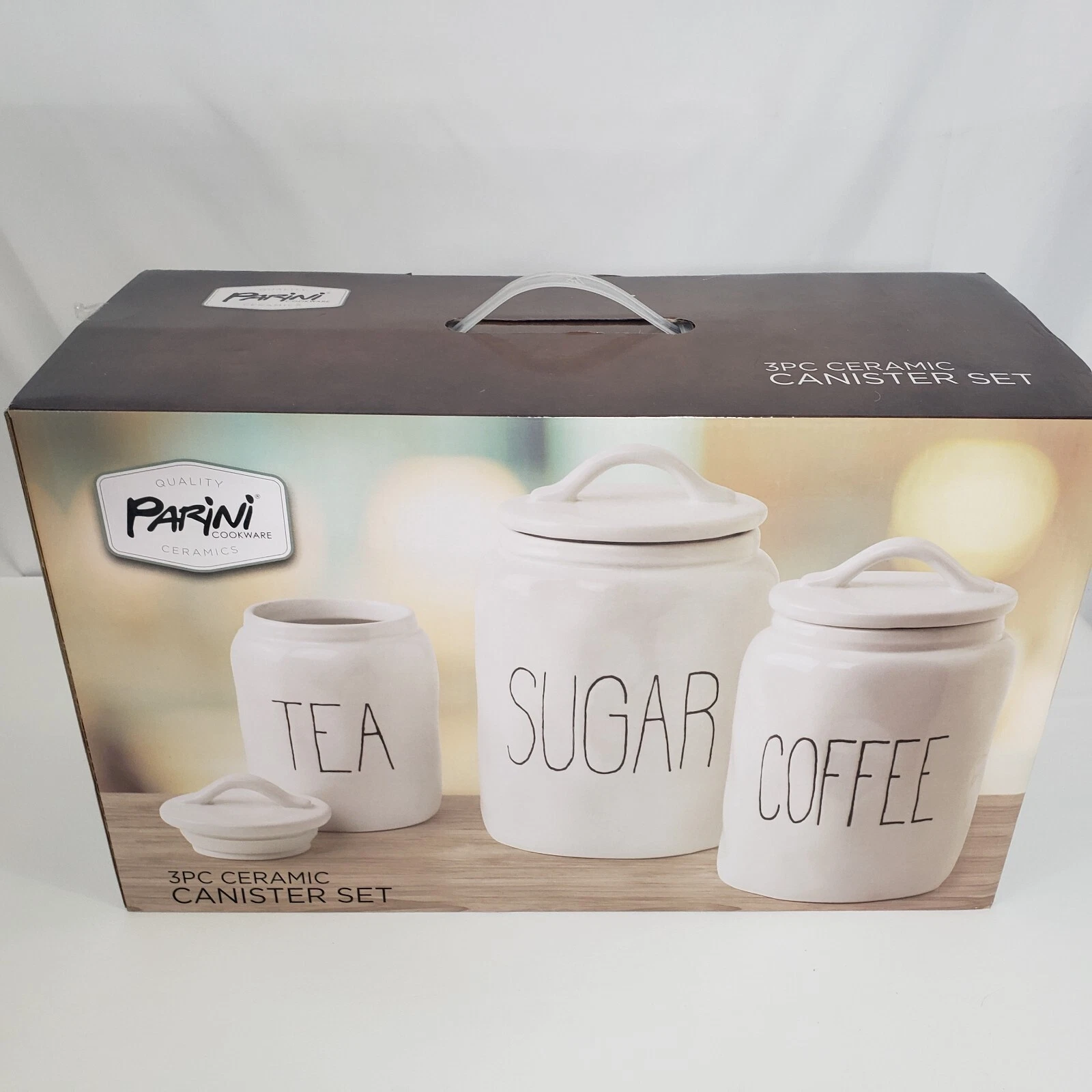 Parini 3 pc Ceramic Kitchen Canister Set Sugar Coffee Tea White