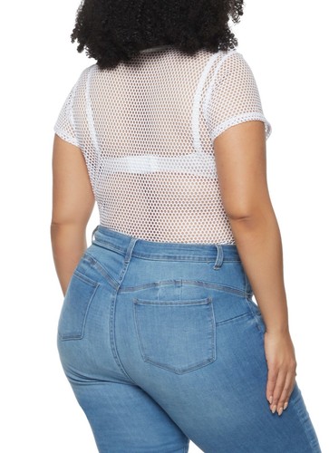Women Plus Size Fishnet Crew Neck White Bodysuit Size 1XL. - Picture 3 of 3