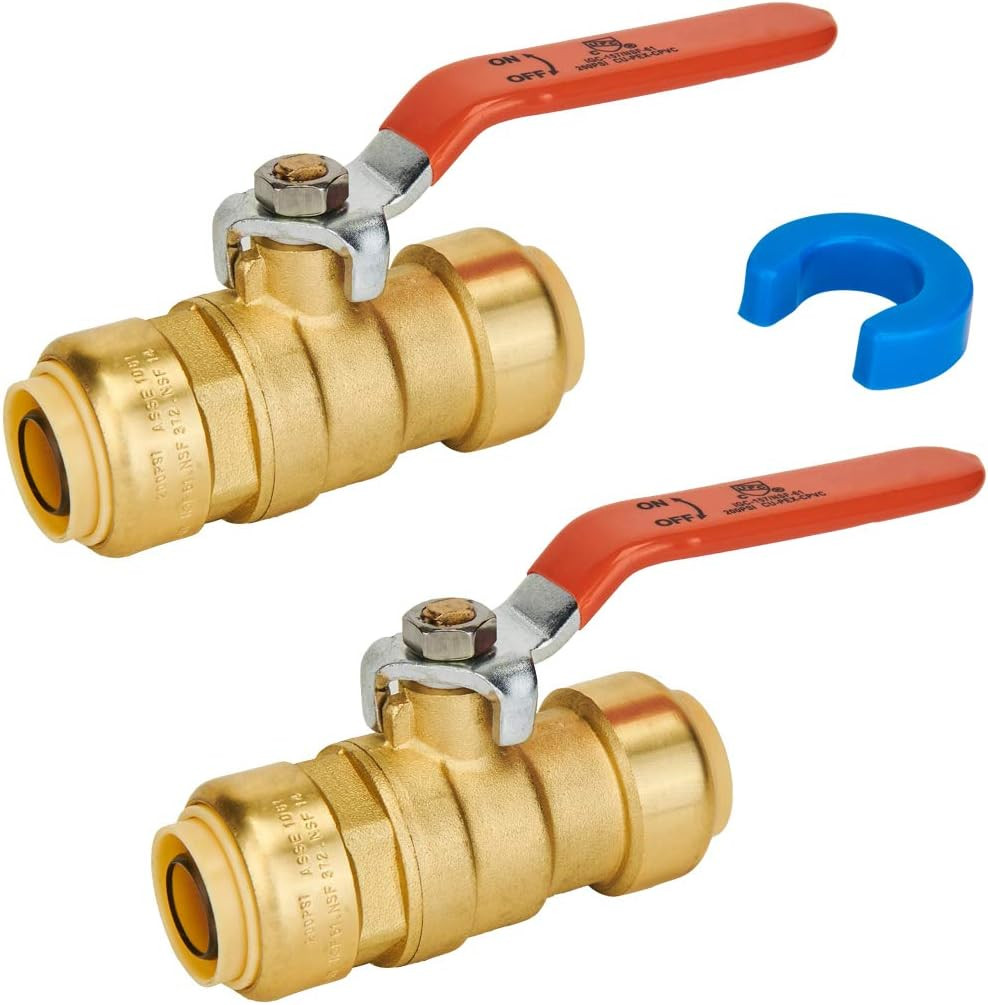 3/4" Brass Ball Valve Shut Off - Push-To-Connect Plumbing Fittings, 2 Pack