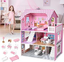 Pink Wooden Doll House 3 Story Kids Playhouse Mansion Dollhouse With Furniture