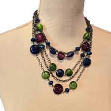 Vintage Necklace Multi Strand Green Blue Purple Glass Beads Boho Statement 22"